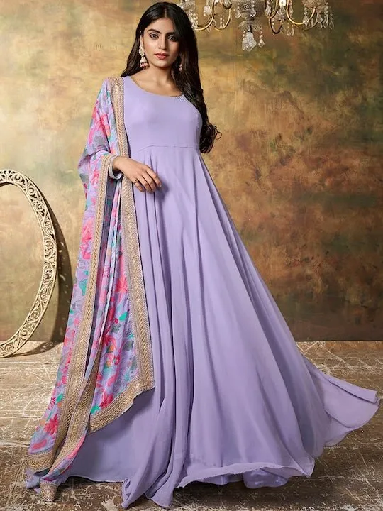 Embroidered Georgette Maxi Gown Ethnic Dress With Floral Printed Dupatta