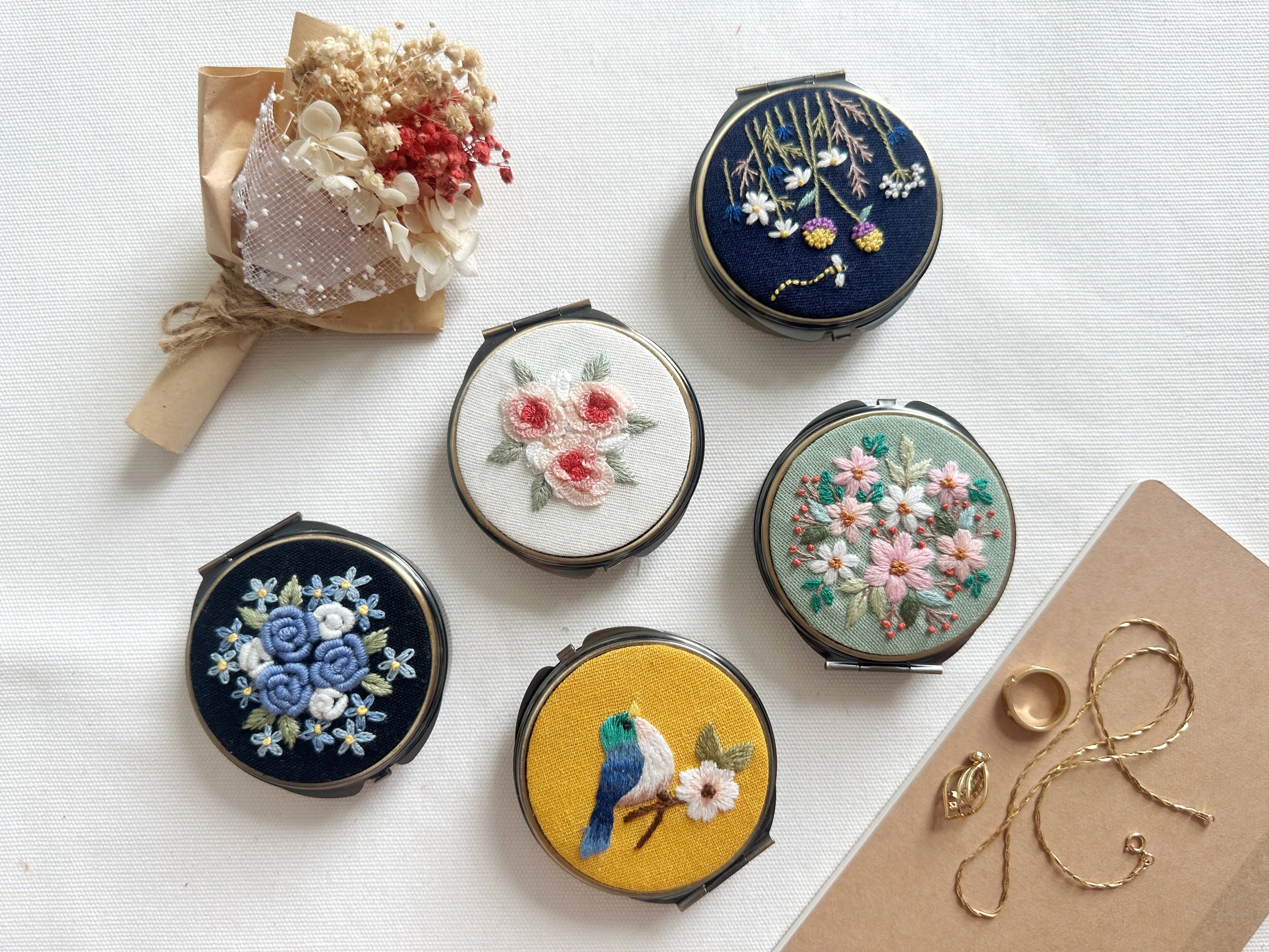 Embroidered Round Jewelry Box With Mirror