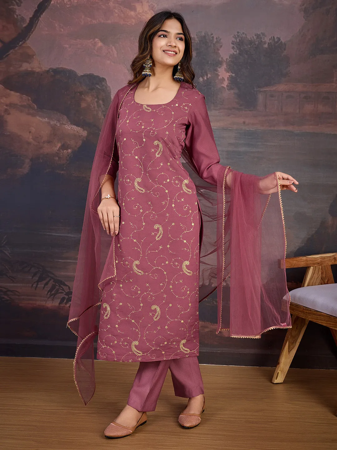 Embroidered Straight Kurta With Trousers & Dupatta