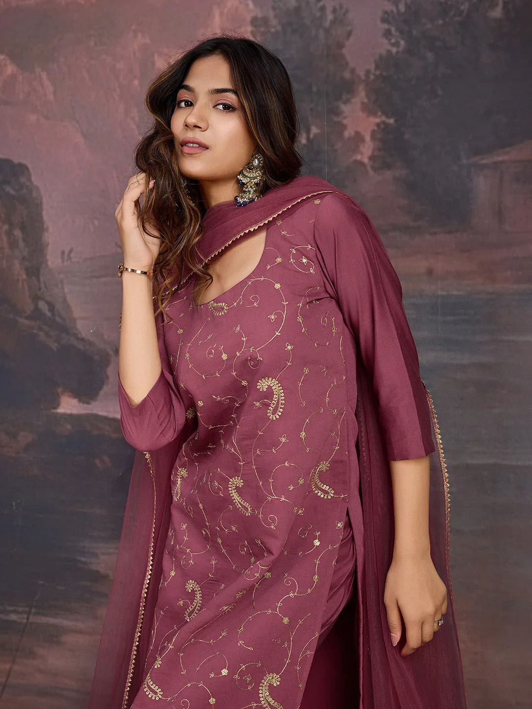 Embroidered Straight Kurta With Trousers & Dupatta