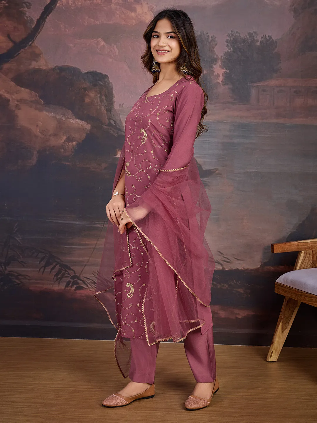 Embroidered Straight Kurta With Trousers & Dupatta