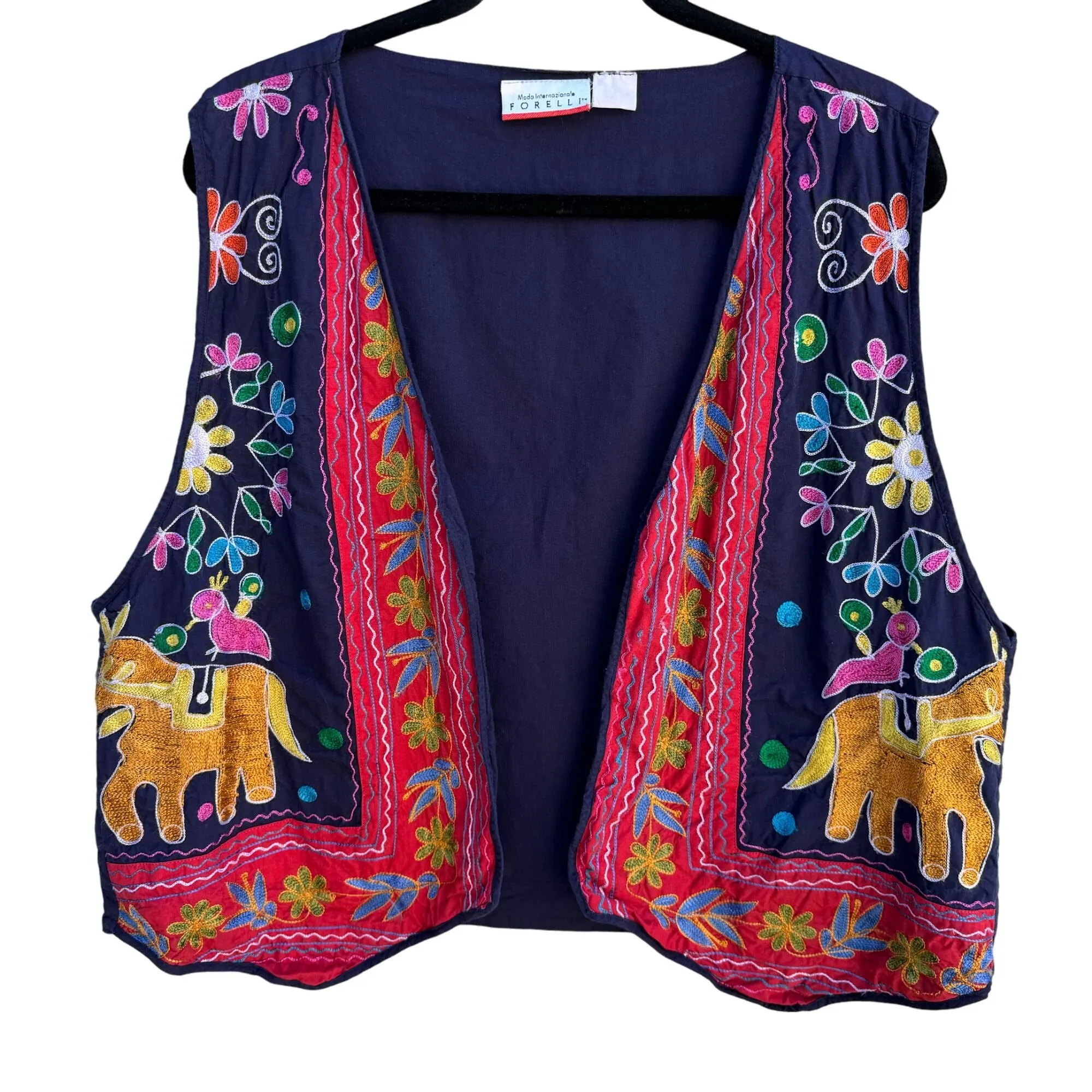 Forelli Vintage Womens Embroidered Sleeveless Open Front Boho Navy Red Vest XL