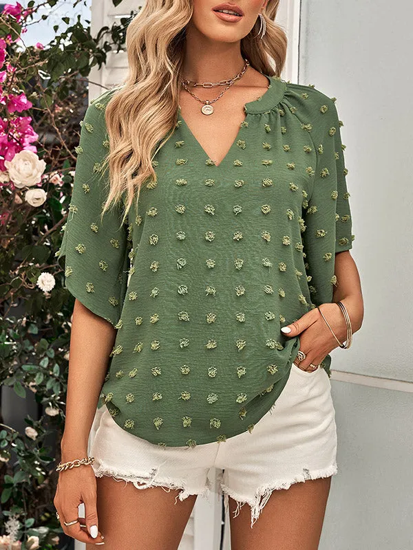 Half Sleeves Loose Jacquard Solid Color V-Neck T-Shirts Tops