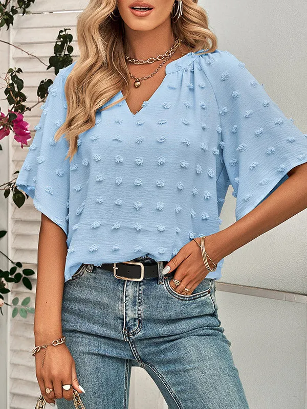 Half Sleeves Loose Jacquard Solid Color V-Neck T-Shirts Tops