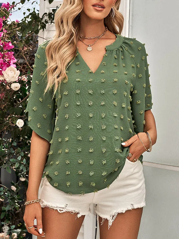 Half Sleeves Loose Jacquard Solid Color V-Neck T-Shirts Tops