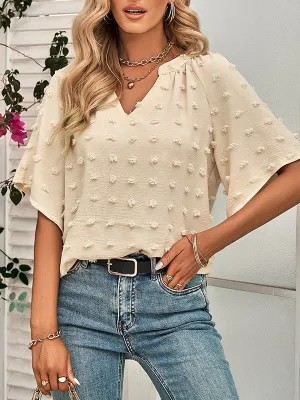 Half Sleeves Loose Jacquard Solid Color V-Neck T-Shirts Tops