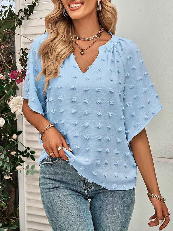 Half Sleeves Loose Jacquard Solid Color V-Neck T-Shirts Tops