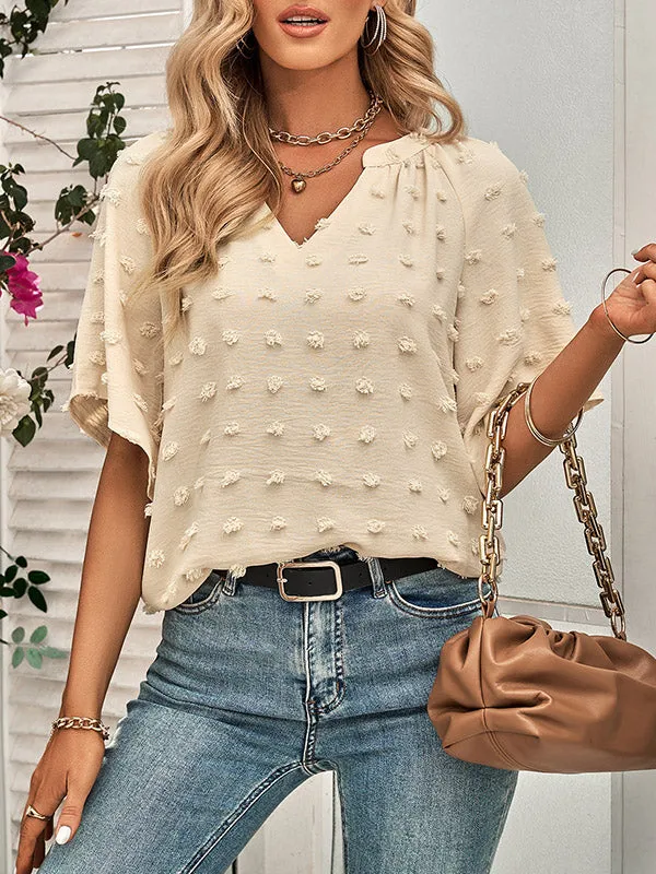 Half Sleeves Loose Jacquard Solid Color V-Neck T-Shirts Tops