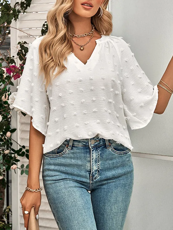 Half Sleeves Loose Jacquard Solid Color V-Neck T-Shirts Tops