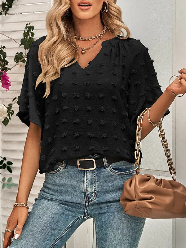 Half Sleeves Loose Jacquard Solid Color V-Neck T-Shirts Tops