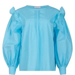 HIGH NECKLINE BLOUSE “ILSA” WITH RUFFLE DETAIL AND WIDE BISHOP SLEEVES