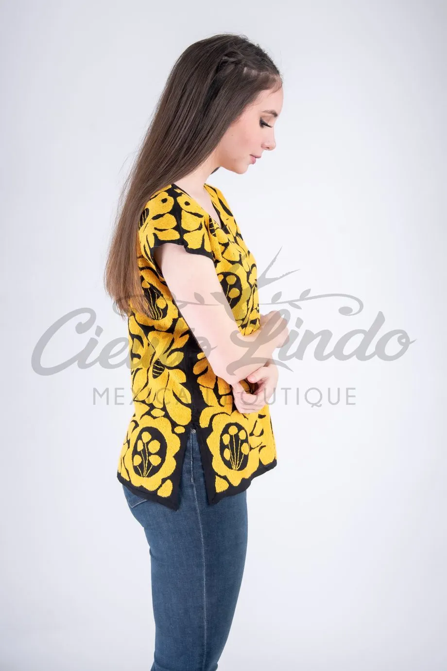 Jalapa Yellow Top with Red Embroidery