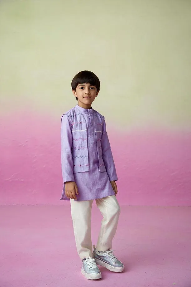 Lavender Skies- Digital Lavender Hand Embroidered Kurta Jacket & Pants Set for Boys