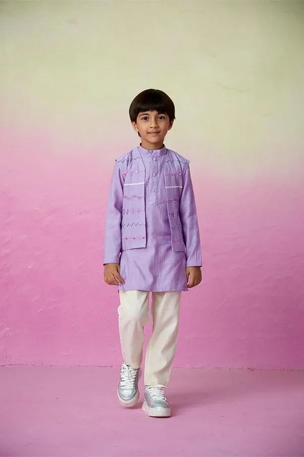 Lavender Skies- Digital Lavender Hand Embroidered Kurta Jacket & Pants Set for Boys