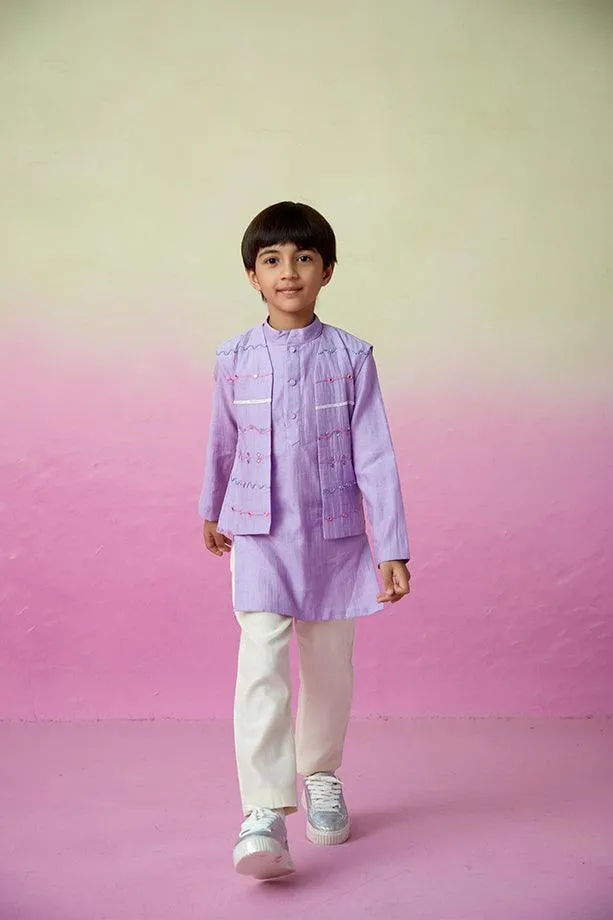 Lavender Skies- Digital Lavender Hand Embroidered Kurta Jacket & Pants Set for Boys