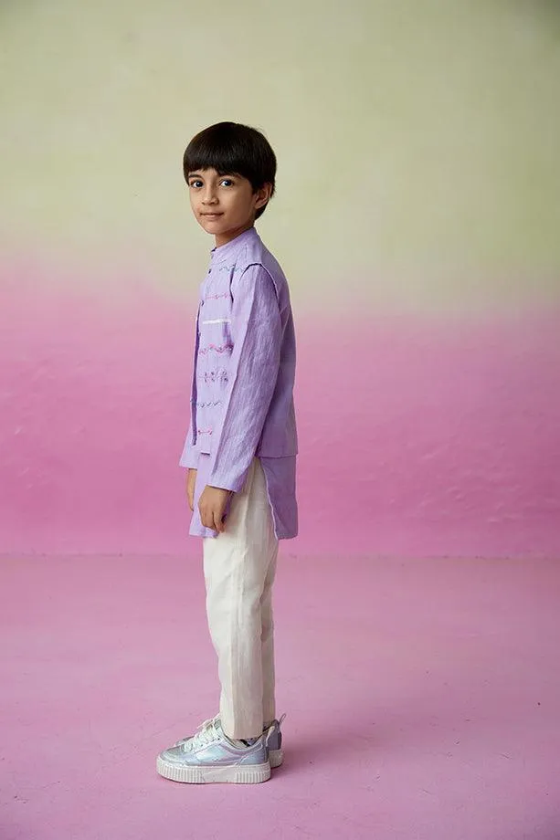 Lavender Skies- Digital Lavender Hand Embroidered Kurta Jacket & Pants Set for Boys