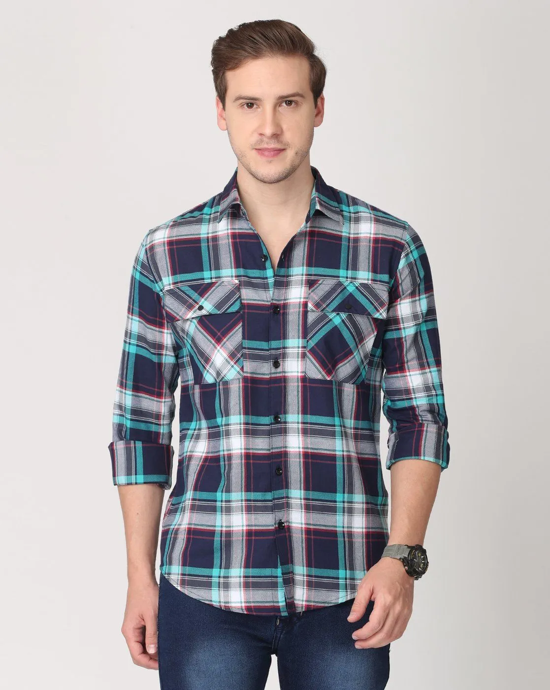 Light Blue, Grey and Dark Blue Double Pocket Shirt