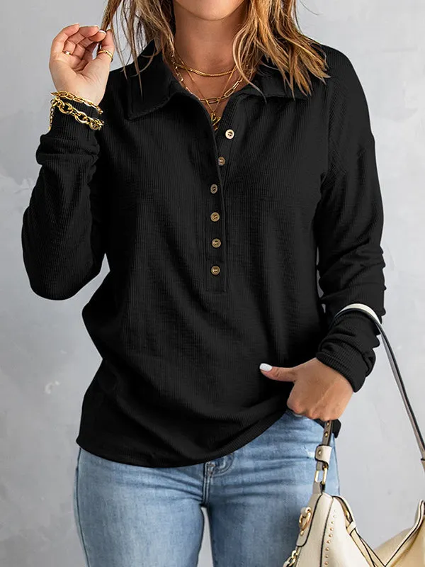 Long Sleeves Loose Buttoned Solid Color Split-Joint Lapel T-Shirts Tops