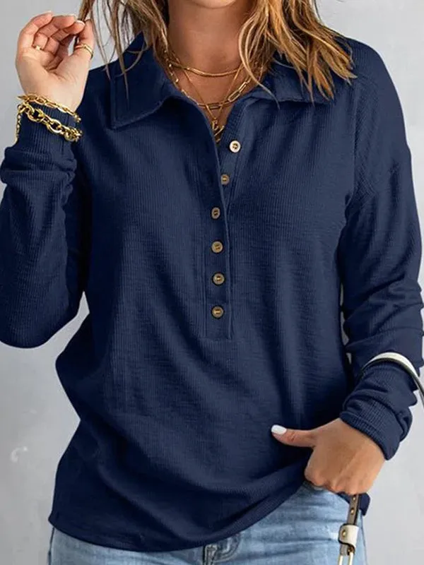 Long Sleeves Loose Buttoned Solid Color Split-Joint Lapel T-Shirts Tops