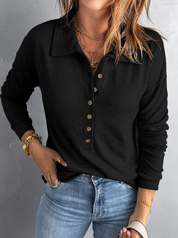 Long Sleeves Loose Buttoned Solid Color Split-Joint Lapel T-Shirts Tops