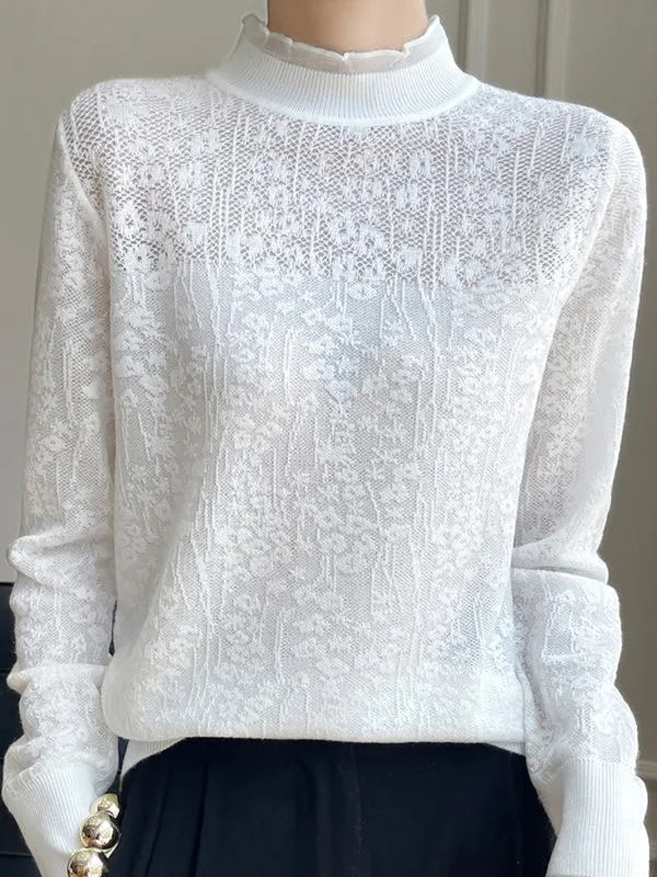 Long Sleeves Loose Crochet Solid Color Mock Neck T-Shirts Tops