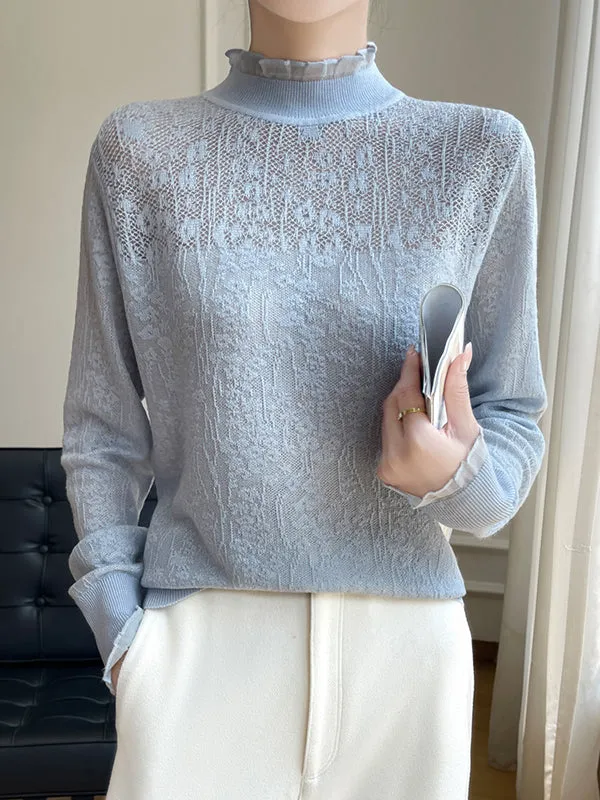 Long Sleeves Loose Crochet Solid Color Mock Neck T-Shirts Tops