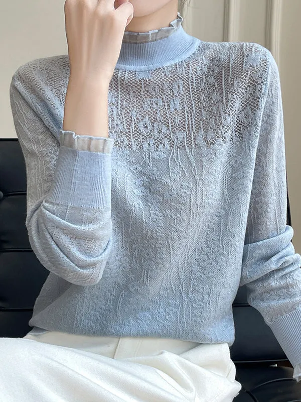 Long Sleeves Loose Crochet Solid Color Mock Neck T-Shirts Tops