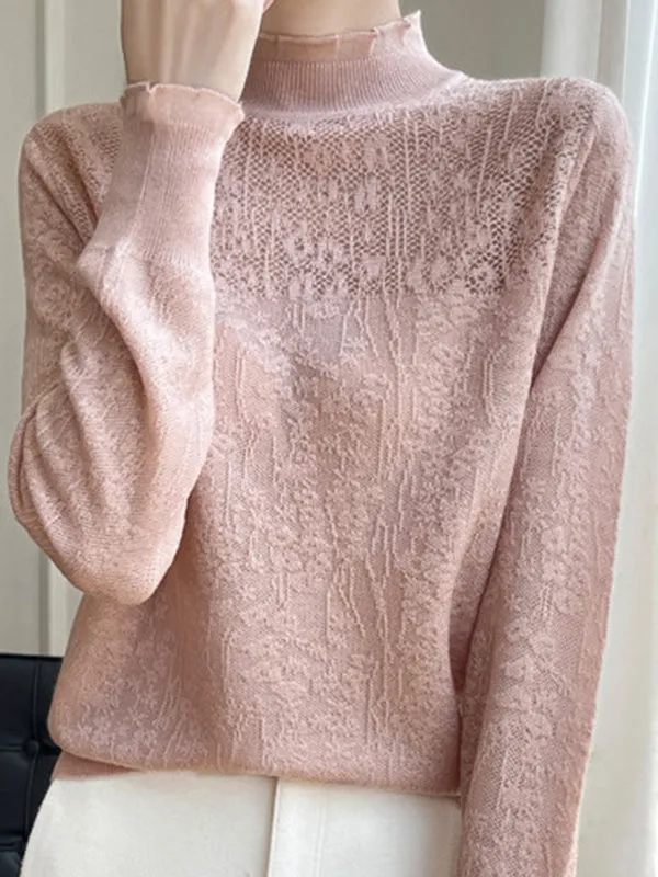 Long Sleeves Loose Crochet Solid Color Mock Neck T-Shirts Tops