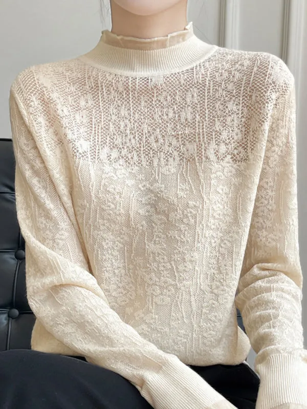 Long Sleeves Loose Crochet Solid Color Mock Neck T-Shirts Tops