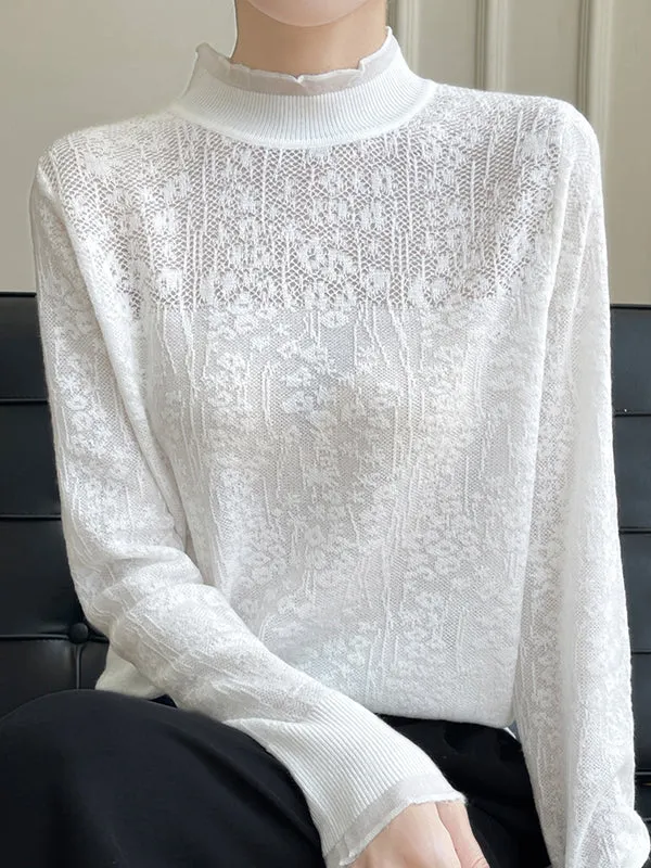 Long Sleeves Loose Crochet Solid Color Mock Neck T-Shirts Tops