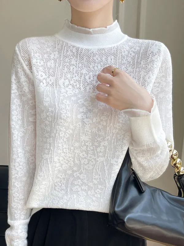 Long Sleeves Loose Crochet Solid Color Mock Neck T-Shirts Tops