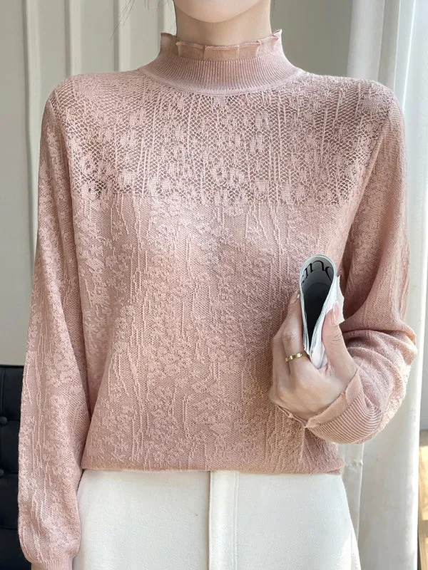 Long Sleeves Loose Crochet Solid Color Mock Neck T-Shirts Tops