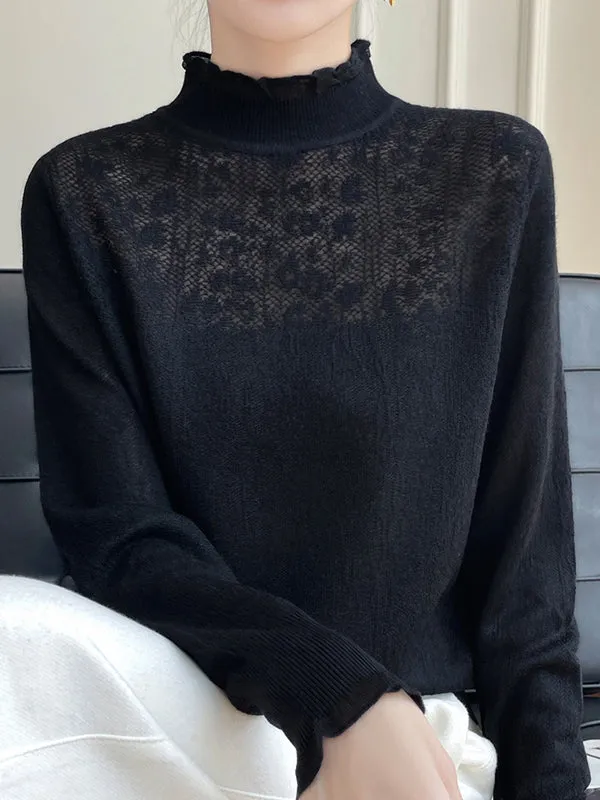 Long Sleeves Loose Crochet Solid Color Mock Neck T-Shirts Tops