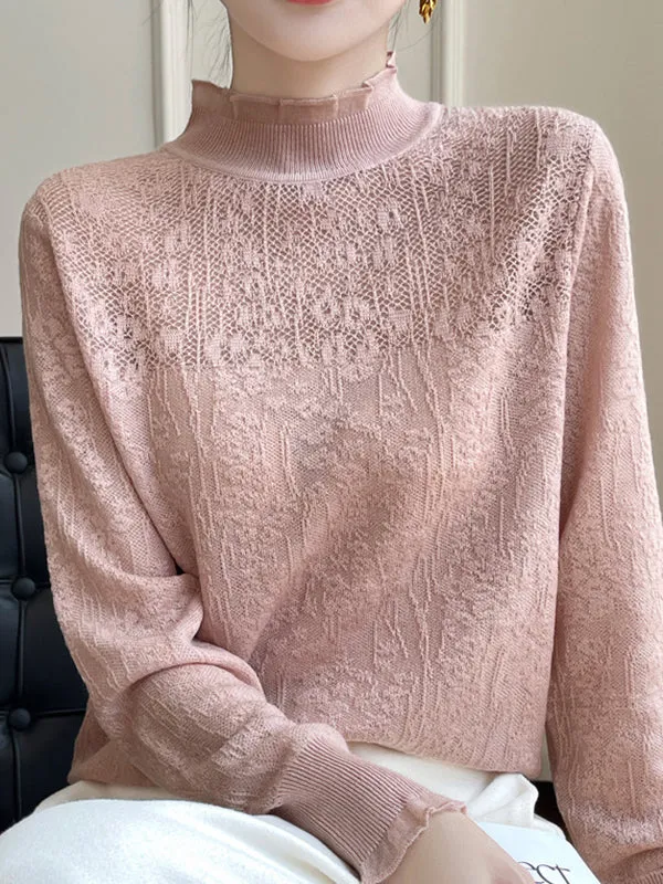 Long Sleeves Loose Crochet Solid Color Mock Neck T-Shirts Tops