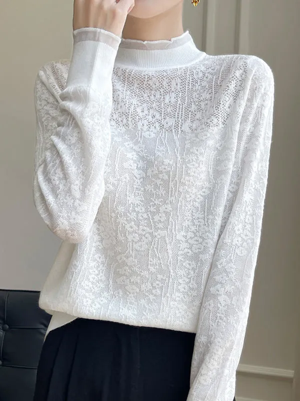 Long Sleeves Loose Crochet Solid Color Mock Neck T-Shirts Tops