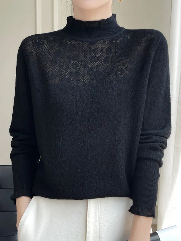 Long Sleeves Loose Crochet Solid Color Mock Neck T-Shirts Tops