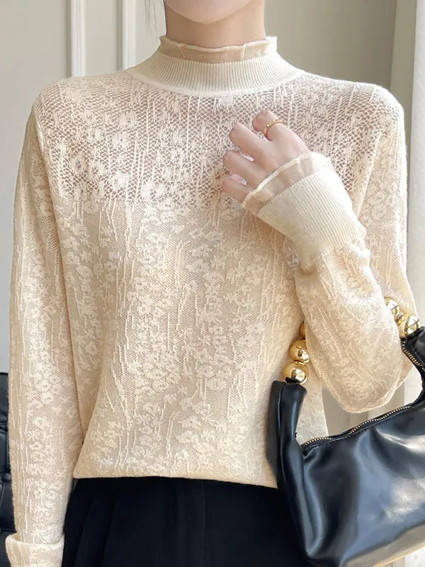 Long Sleeves Loose Crochet Solid Color Mock Neck T-Shirts Tops