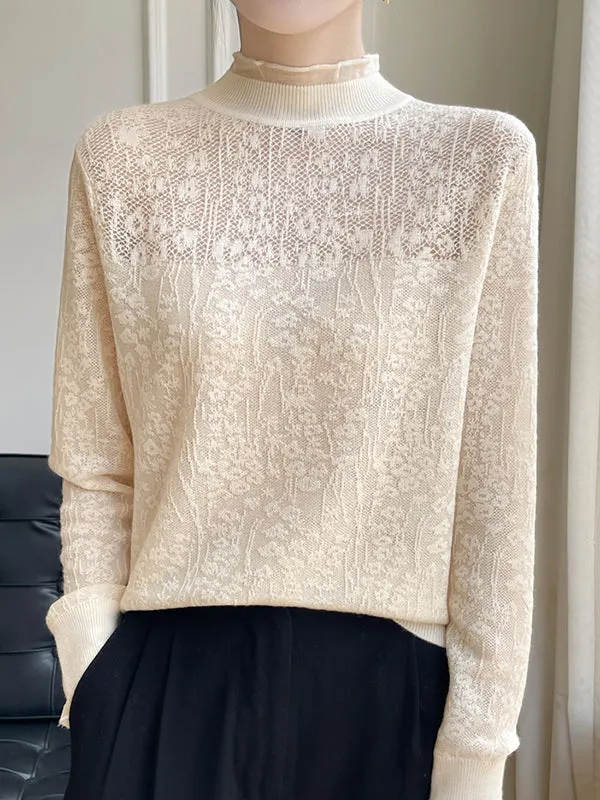 Long Sleeves Loose Crochet Solid Color Mock Neck T-Shirts Tops