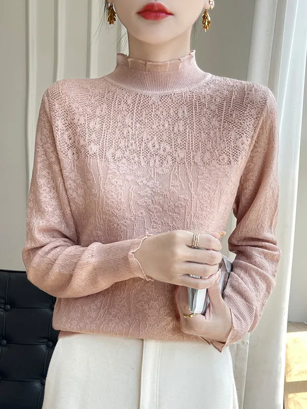 Long Sleeves Loose Crochet Solid Color Mock Neck T-Shirts Tops