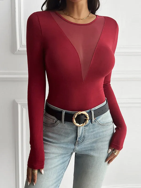 Long Sleeves Skinny See-Through Solid Color Deep V-Neck T-Shirts Tops