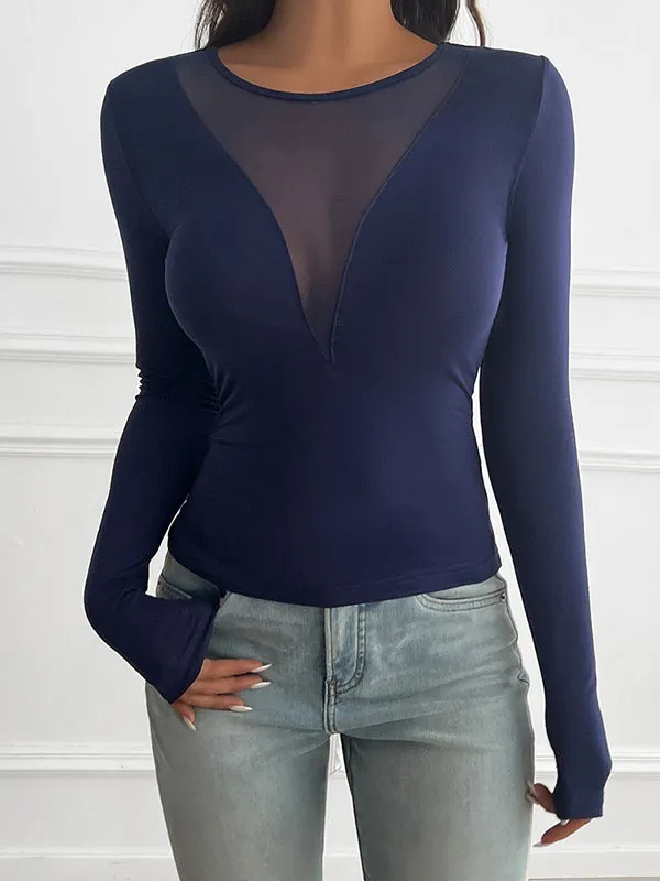 Long Sleeves Skinny See-Through Solid Color Deep V-Neck T-Shirts Tops