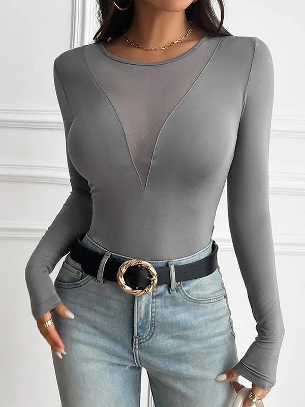 Long Sleeves Skinny See-Through Solid Color Deep V-Neck T-Shirts Tops