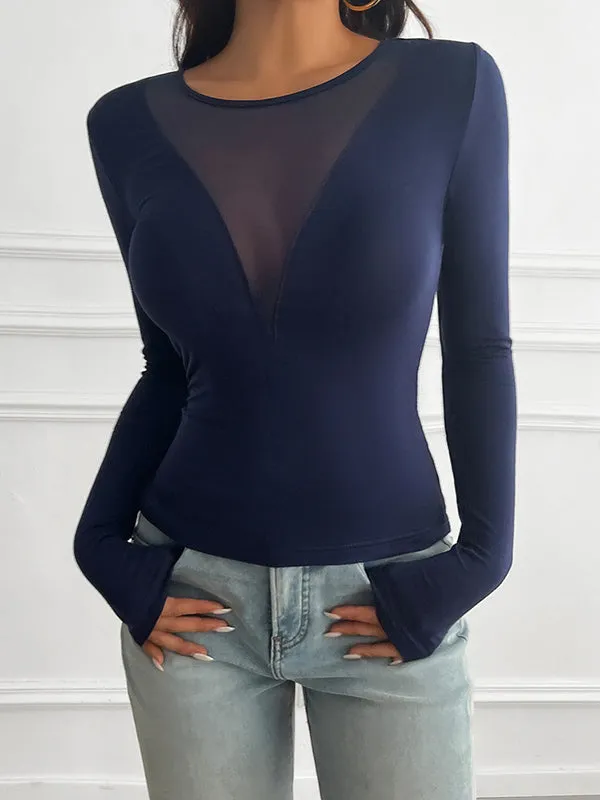 Long Sleeves Skinny See-Through Solid Color Deep V-Neck T-Shirts Tops