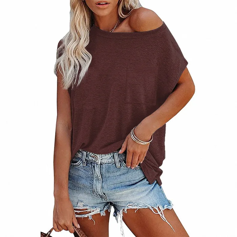 Loose round neck solid color pocket short-sleeved t-shirt