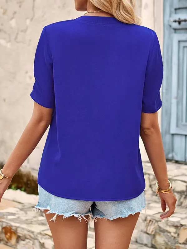 Loose Short Sleeves Solid Color V-Neck T-Shirts Tops