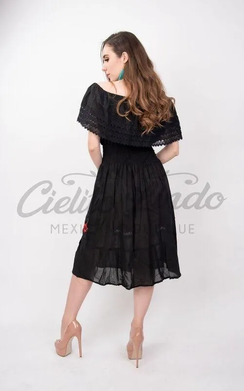 Mexican Campesina Midi Dress Black