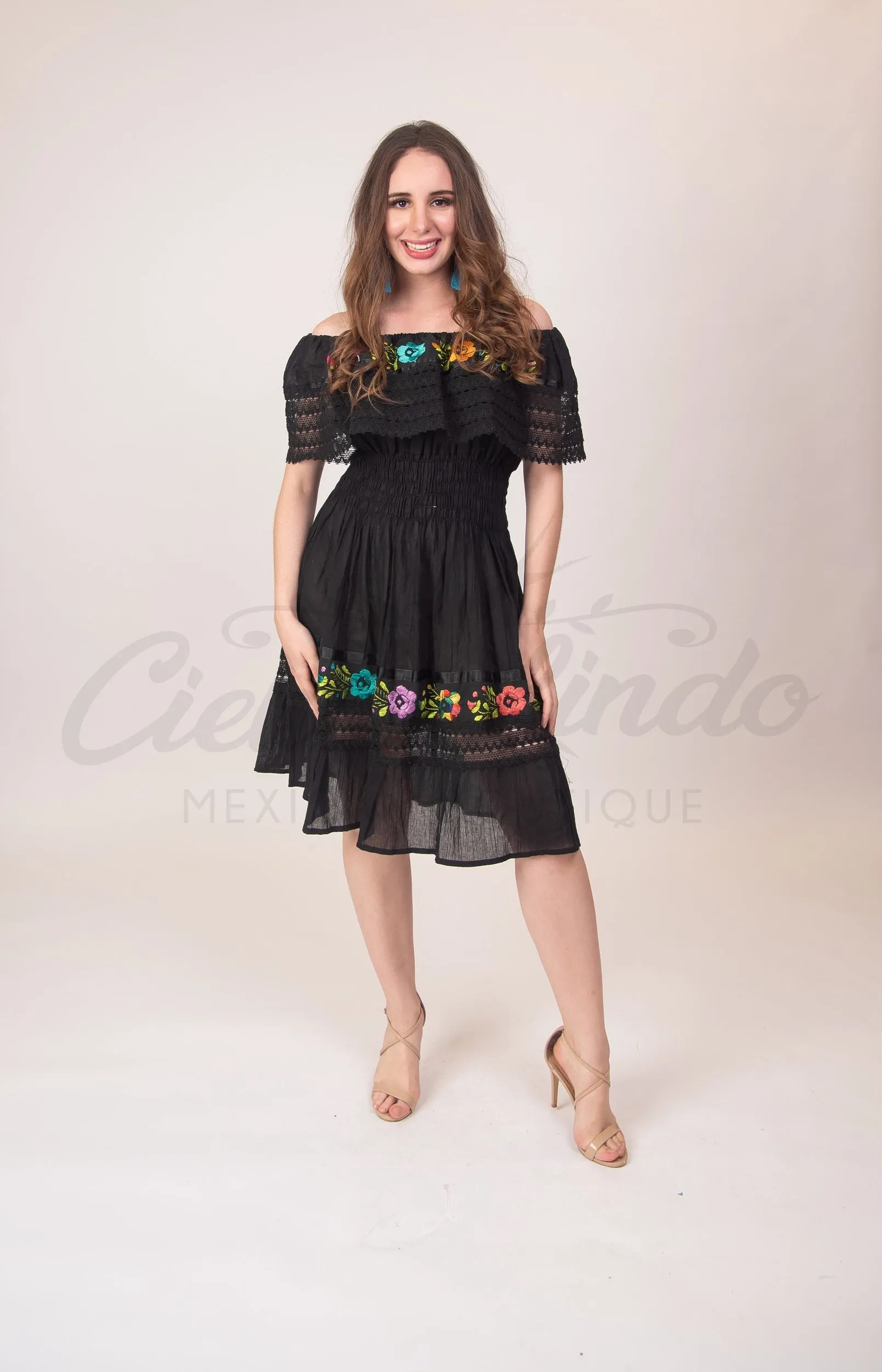 Mexican Campesina Midi Dress Black