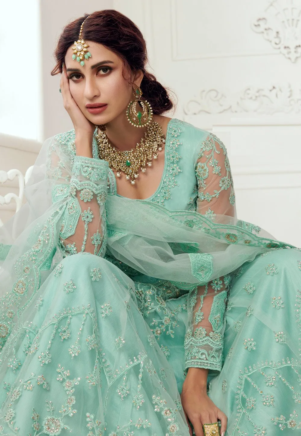 Mint Blue Net Embroidered Wedding Lehenga Choli