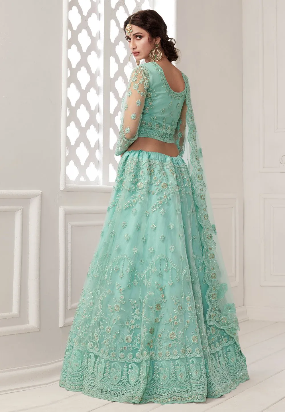 Mint Blue Net Embroidered Wedding Lehenga Choli