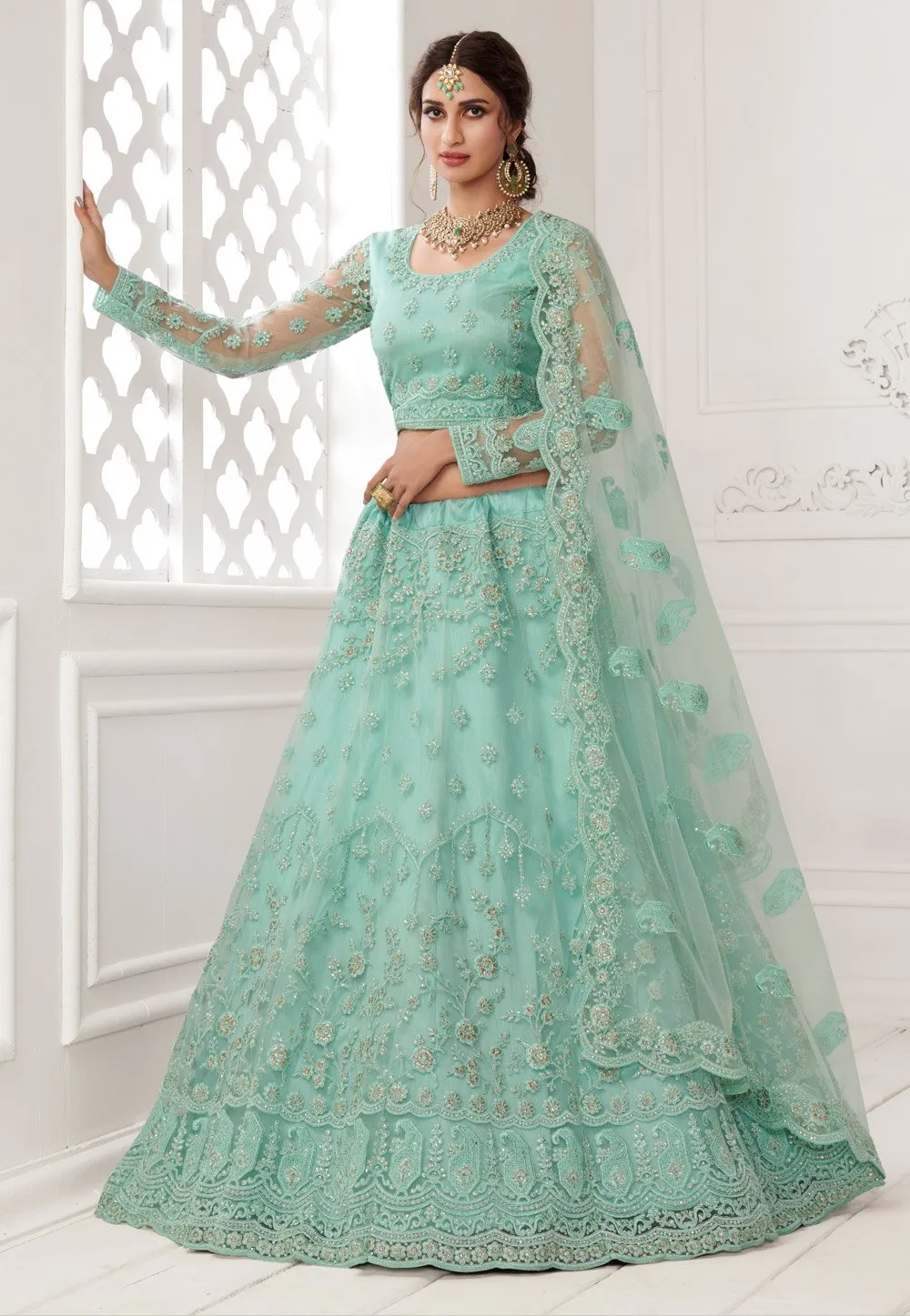 Mint Blue Net Embroidered Wedding Lehenga Choli